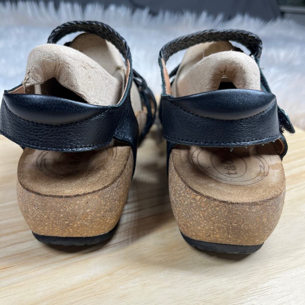 Taos Trulie Sandal Womens 9-9.5 (Eur 40) Strappy Black Woven Leather Cork Wedge - Picture 10 of 16